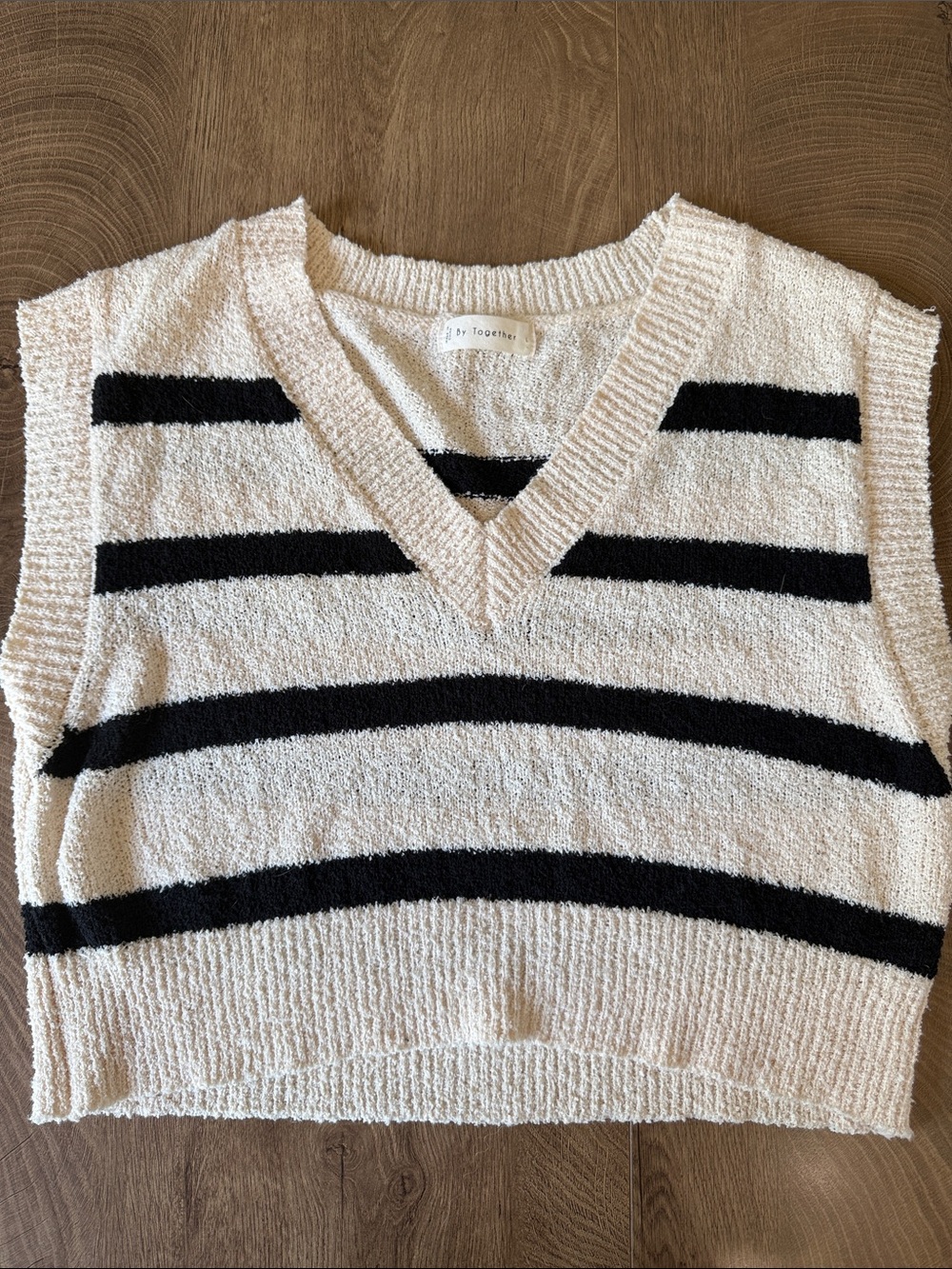 By Together Cream and Black Striped V-Neck Sweater Vest